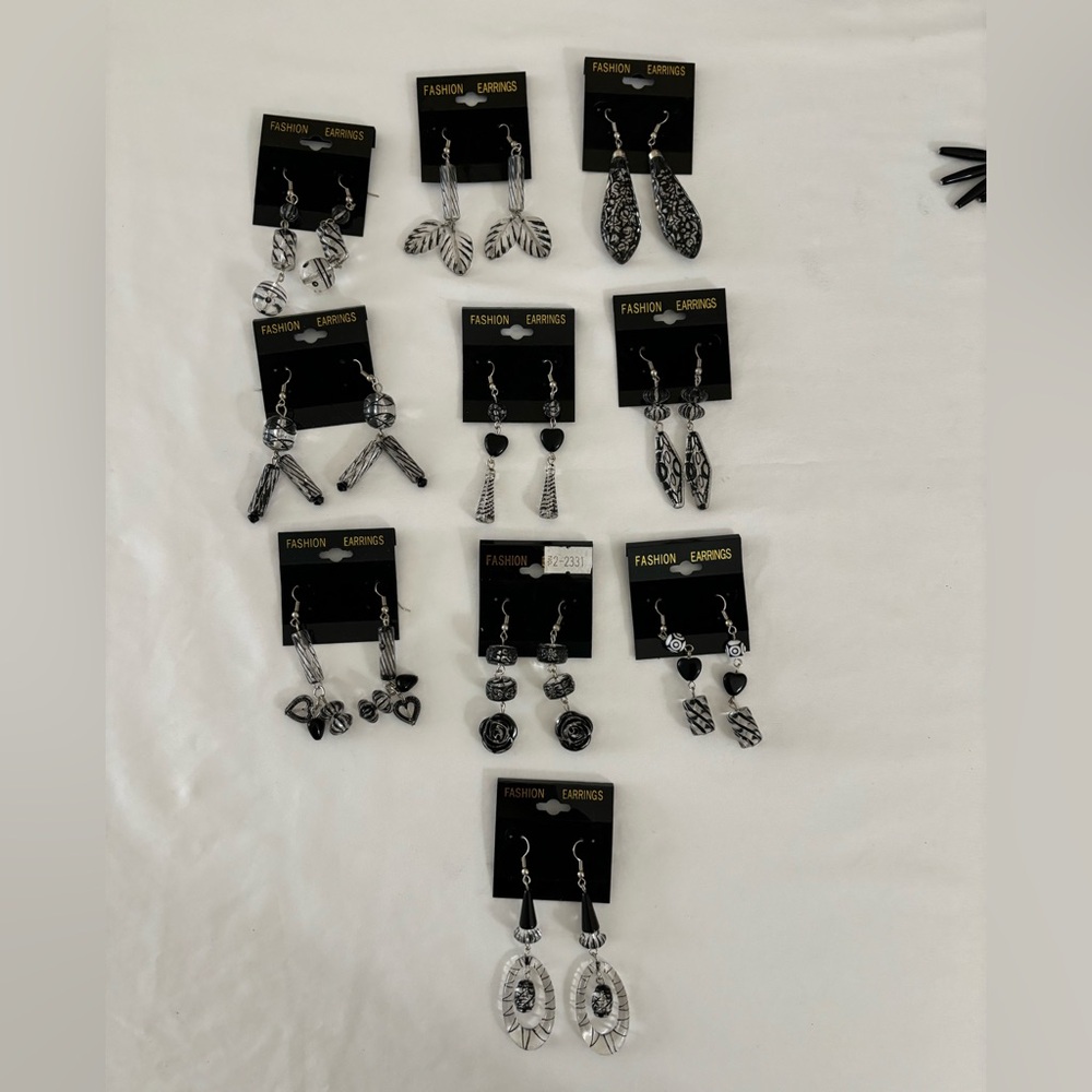 Black, Clear, and Silver Elegant Earrings Set of 10